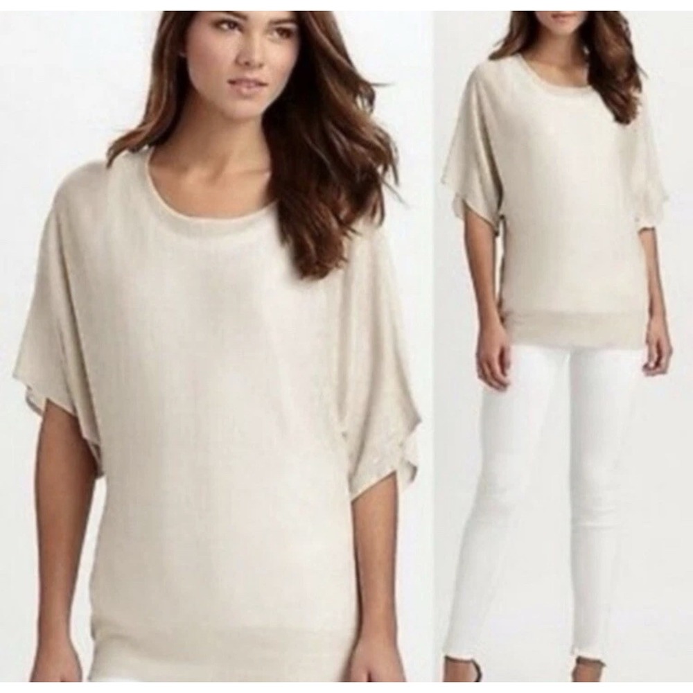Eileen Fisher Beige Superfine Linen Knit Round Neck Tunic Top Sz LARGE beachy‎